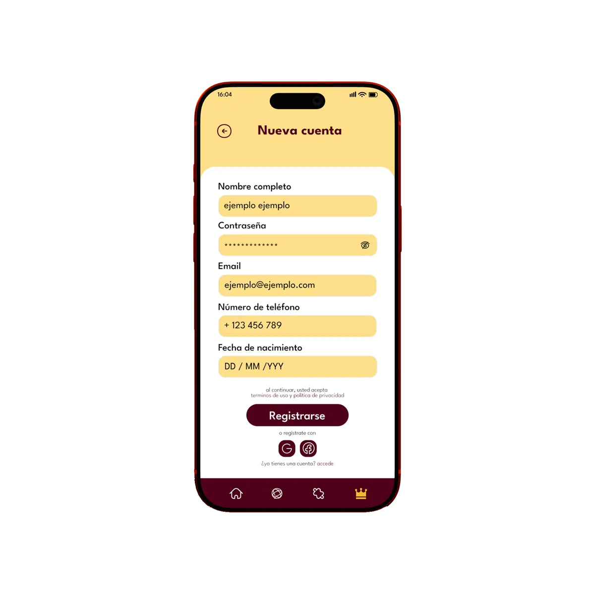 Pantalla de registro