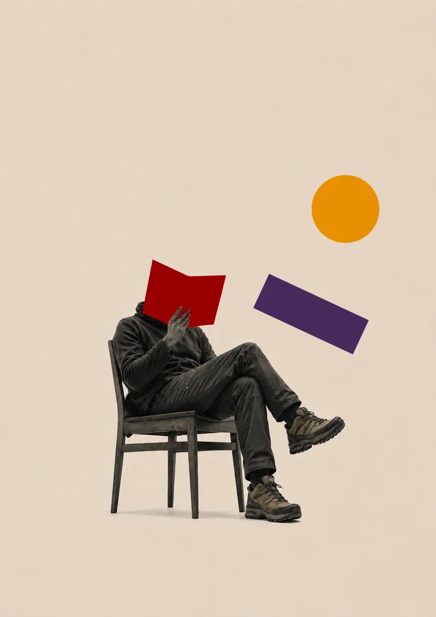 Ilustración base del cartel, sin textos: lector sentado con un libro rojo