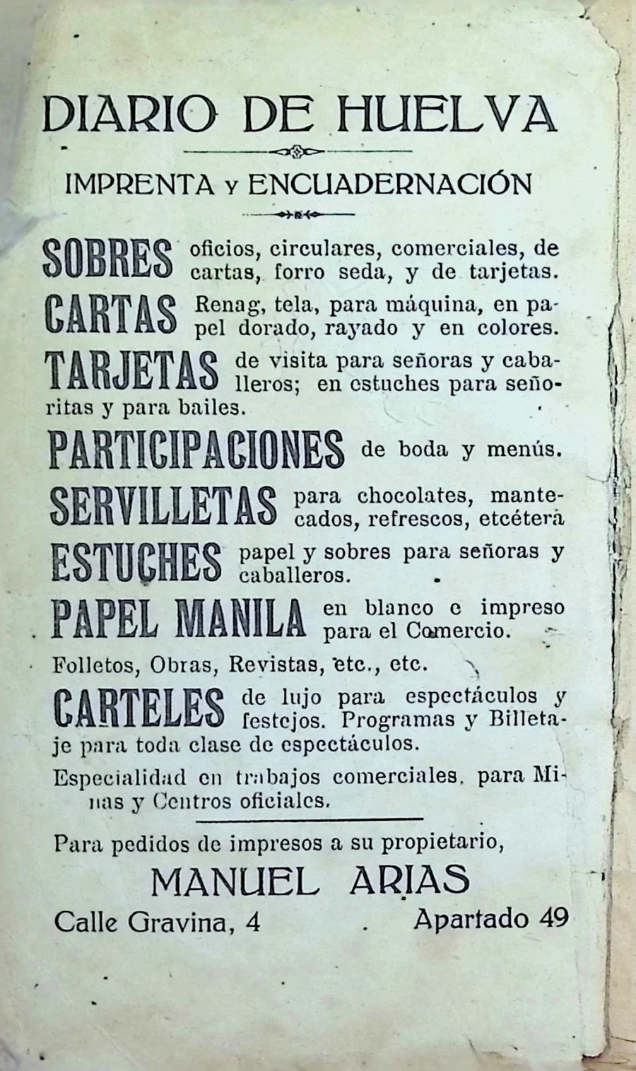 Página del anuncio de la imprenta del Diario de Huelva: escaneo original