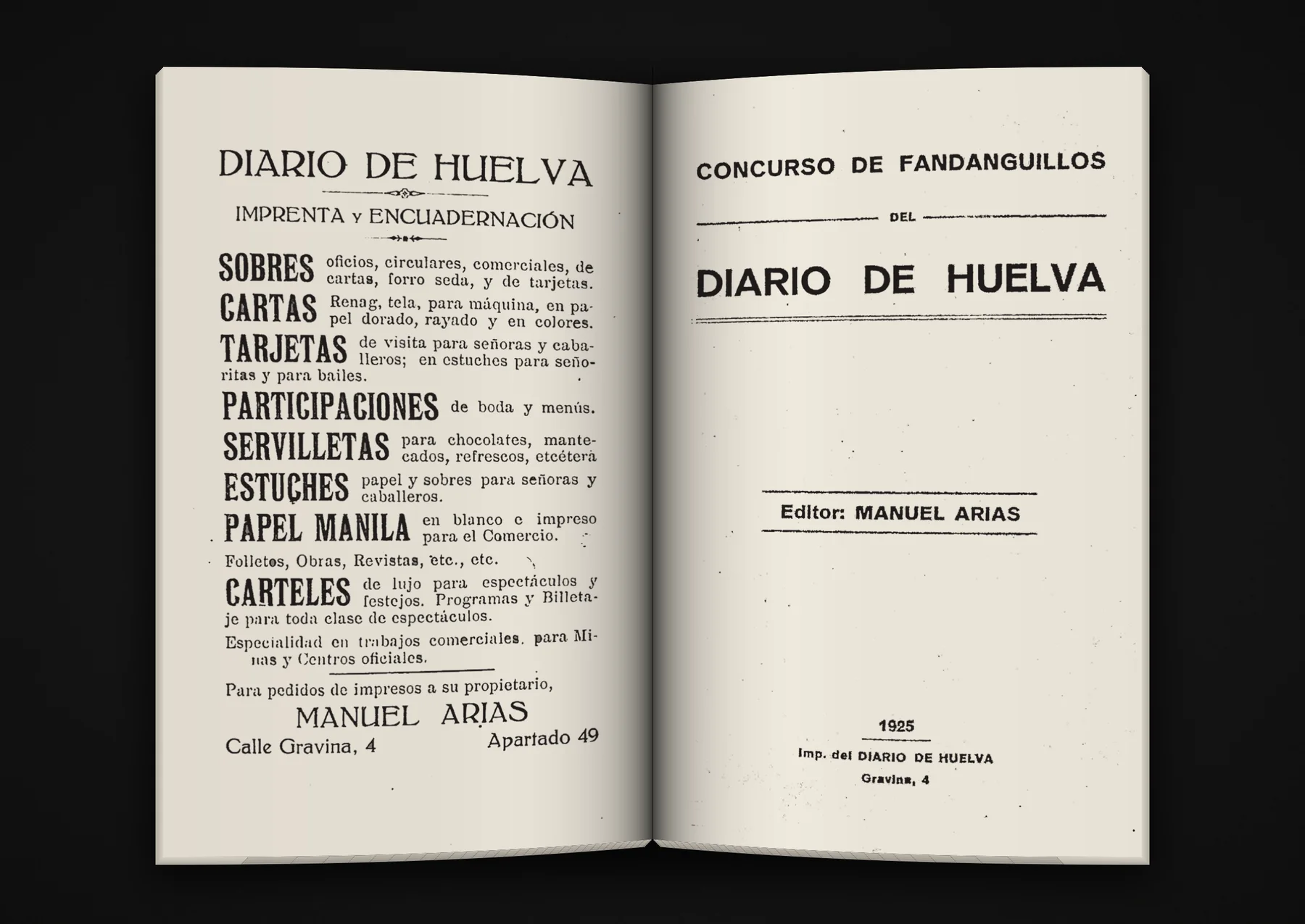 Libro abierto: anuncio de la imprenta del Diario de Huelva y portadilla del concurso