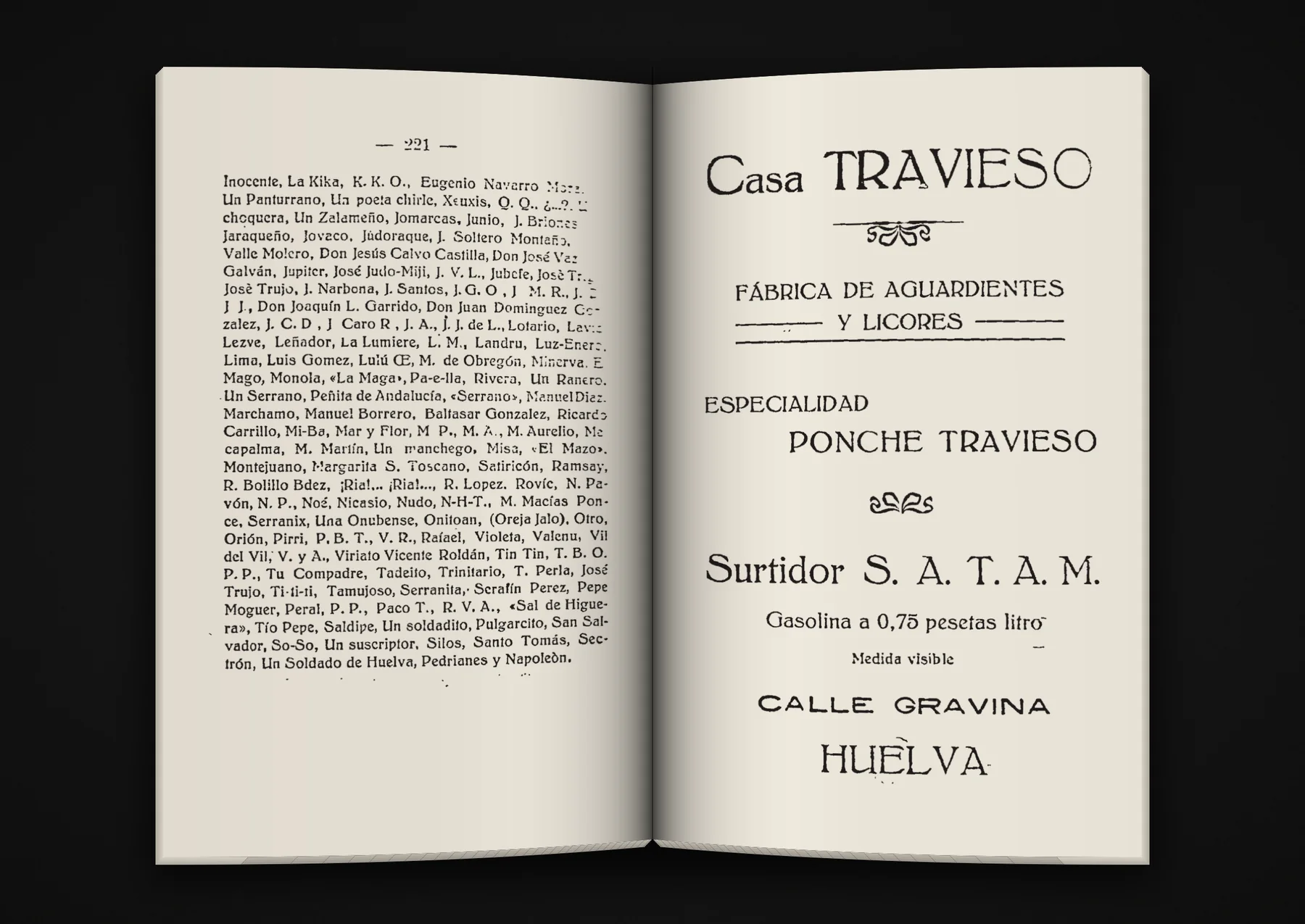 Libro abierto: índice de seudónimos y anuncio de Casa Travieso