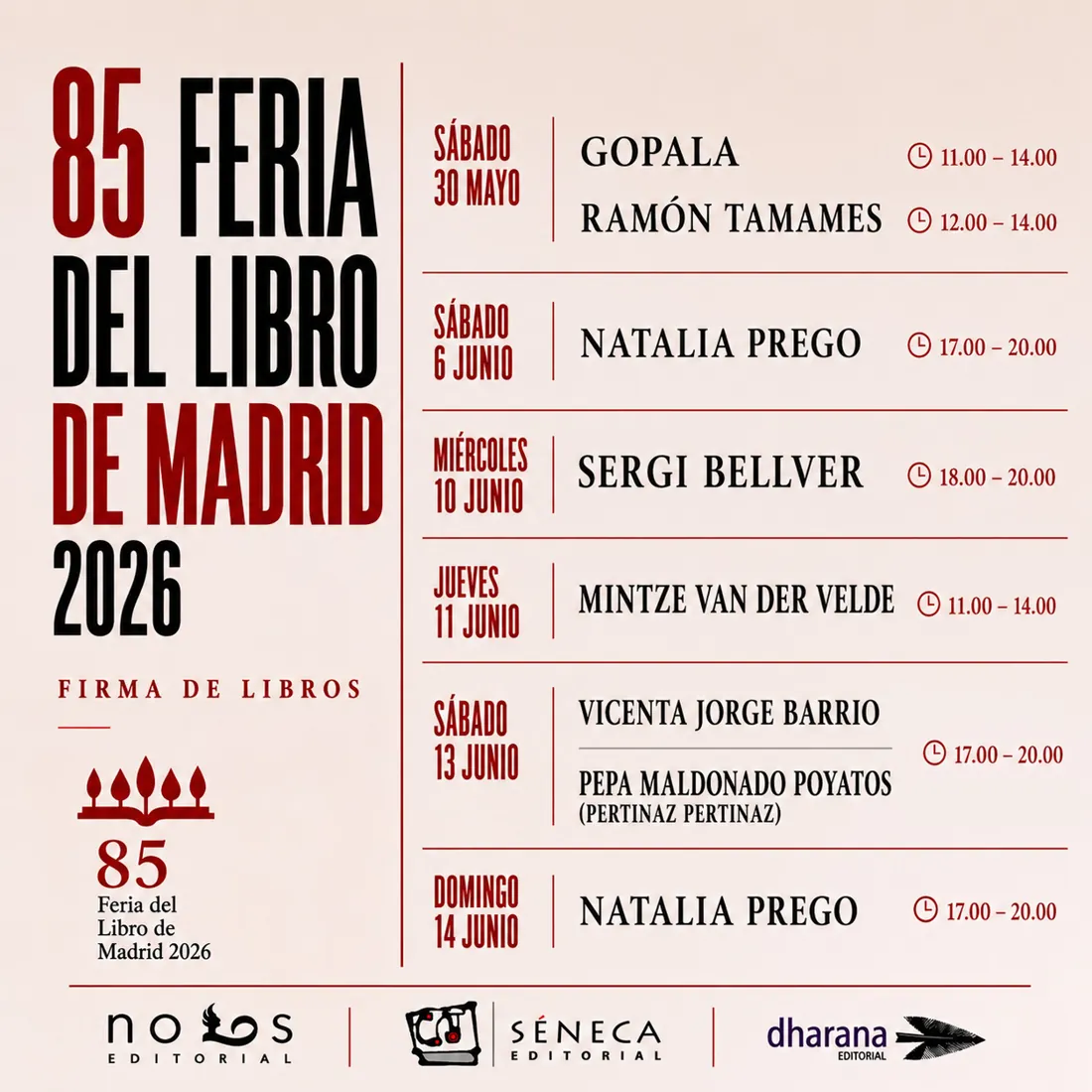 Cartel con el calendario de firmas de la Feria del Libro 2026