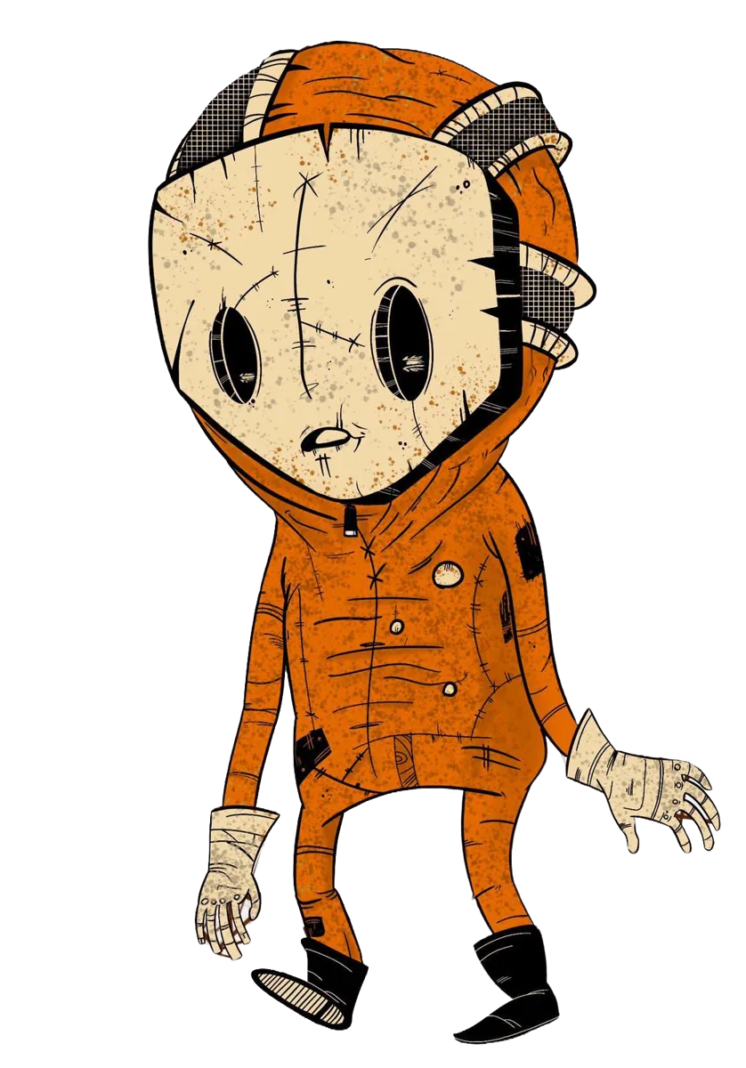 Personaje con máscara de saco y mono naranja