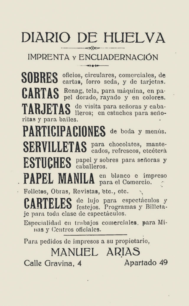 Anuncio de la imprenta del Diario de Huelva