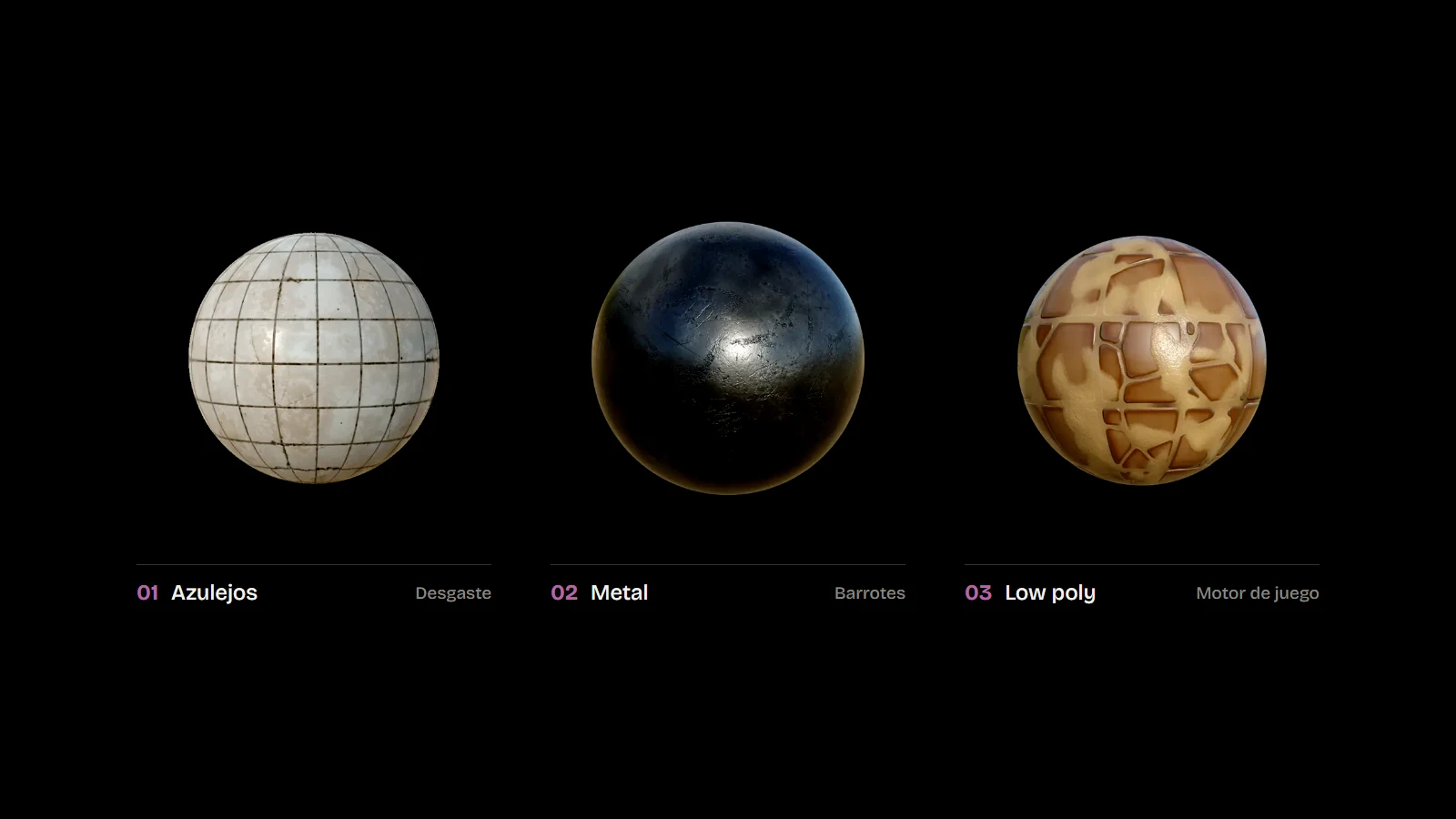 Esfera con azulejos desgastados, esfera de metal oscuro y esfera con baldosas low poly ocres, en fila sobre fondo negro